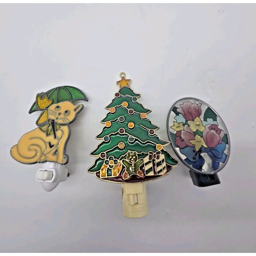 VTG Enamel Stained Glass Night Light Lot Of 3 Christmas Tree Cat Floral Flowers